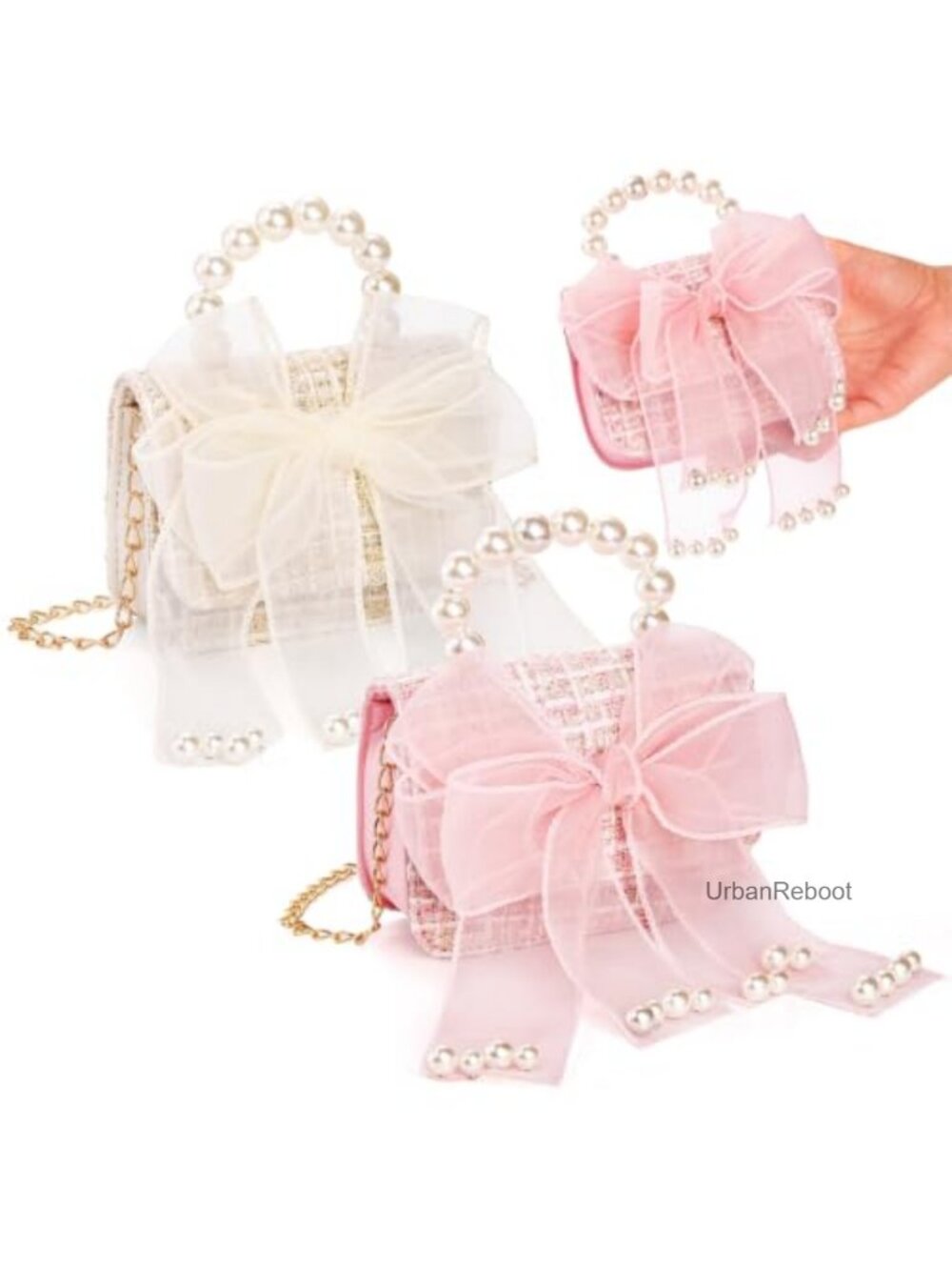 2 Pack Girls Mini Crossbody Purse Set with Bowknot, Pearl Handle, Gold Chain